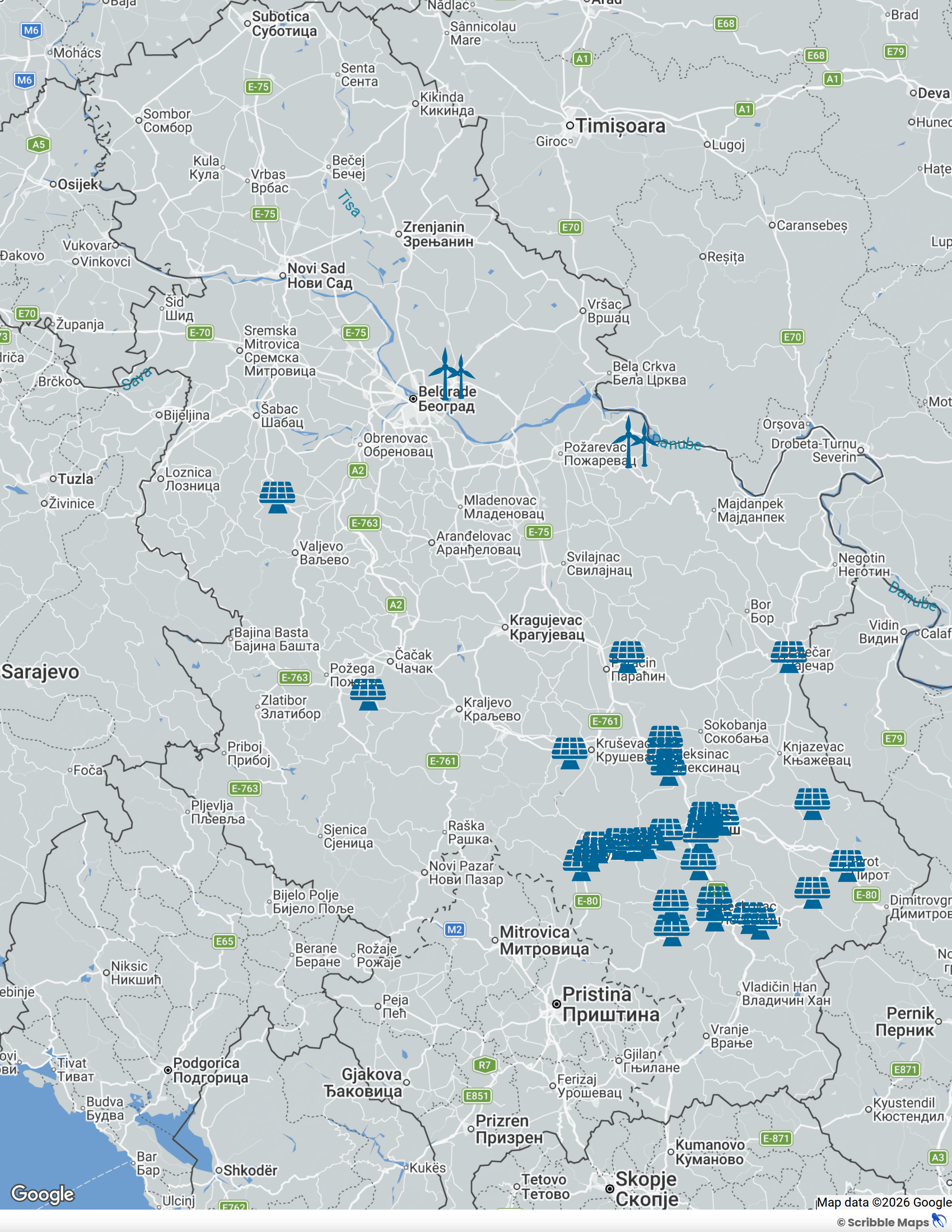Mapa lokacija solarnih elektrana i vetrenjača